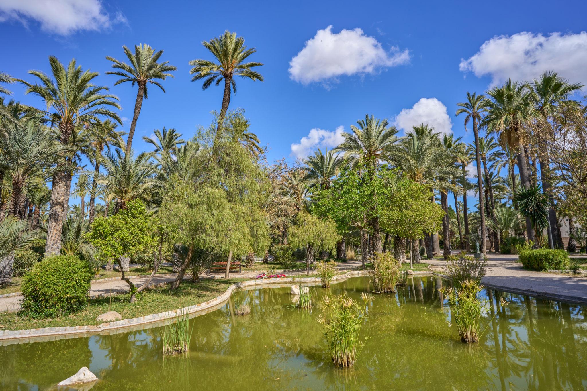 Templete del Parque Municipal de Elche rodeado de palmeras